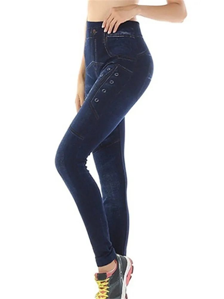Sexy Leggins Push Up Faux Denim Trousers Elastic High Waist Women Leggings Sports Pants Workout Running Fitness Gym
