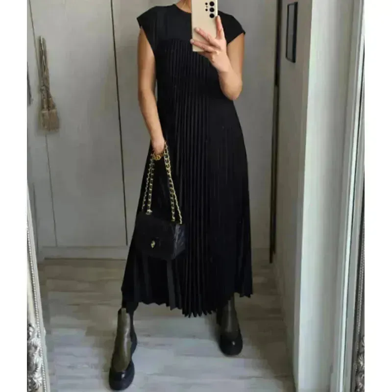 Short Sleeve Pleated Long Maxi  Dress Summer Round Neck Swing Dress Women's Clothing