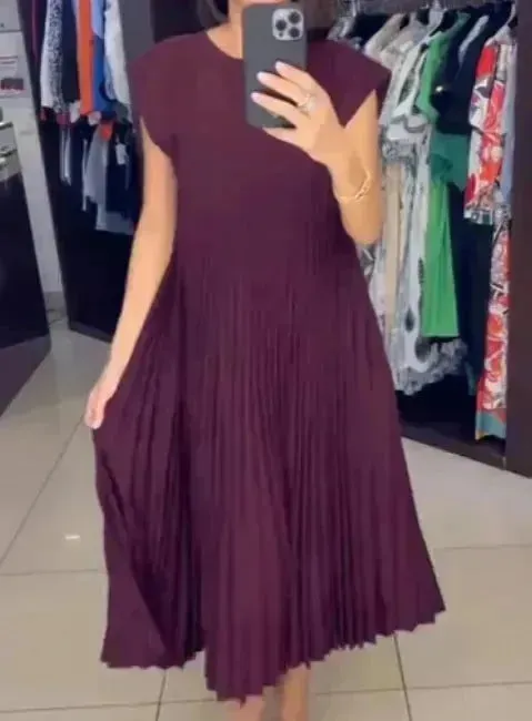 Short Sleeve Pleated Long Maxi  Dress Summer Round Neck Swing Dress Women's Clothing