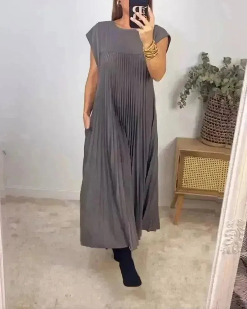 Short Sleeve Pleated Long Maxi  Dress Summer Round Neck Swing Dress Women's Clothing