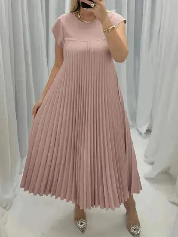 Short Sleeve Pleated Long Maxi  Dress Summer Round Neck Swing Dress Women's Clothing