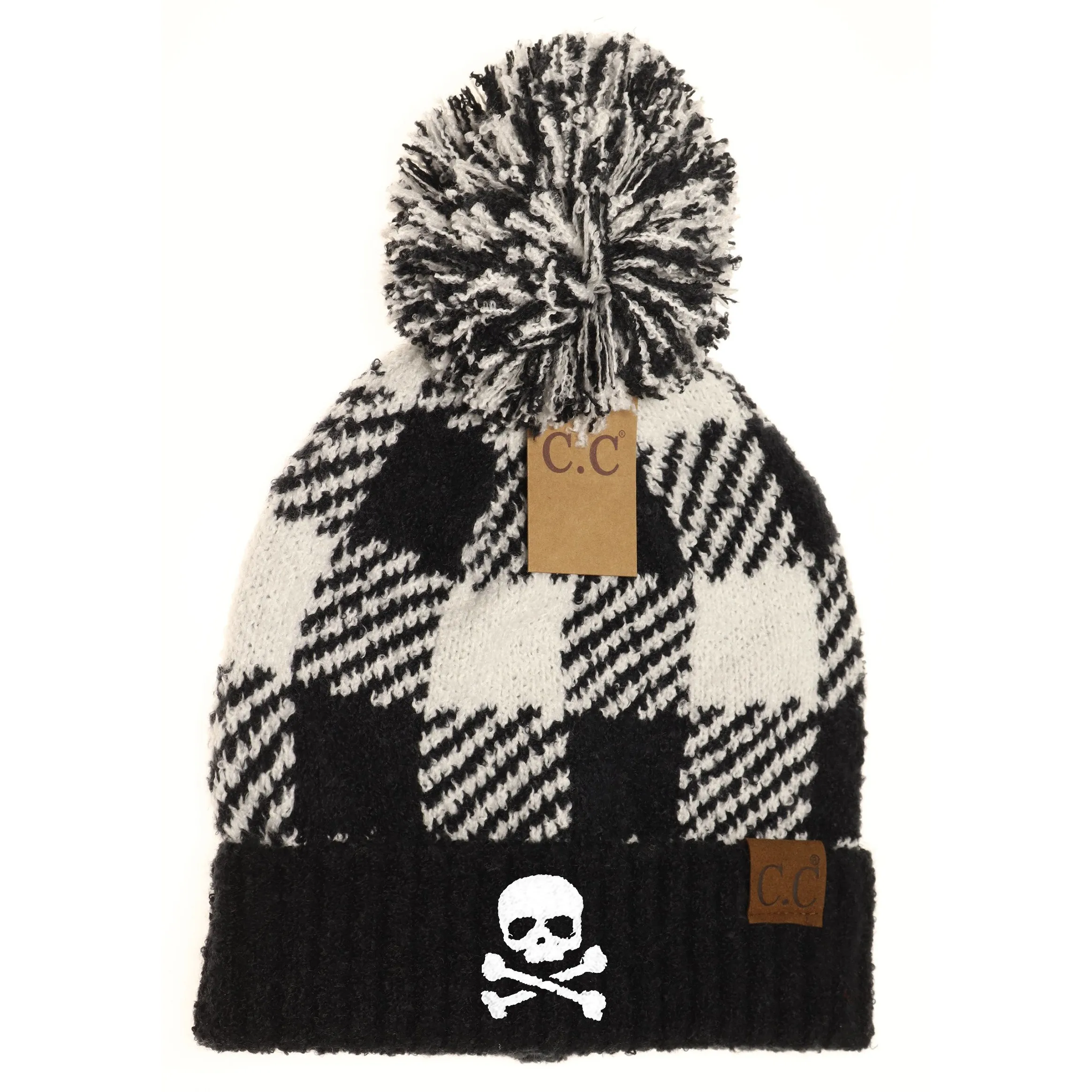 Skull & Crossbones Buffalo Print Jacquard Knit Pom Beanie
