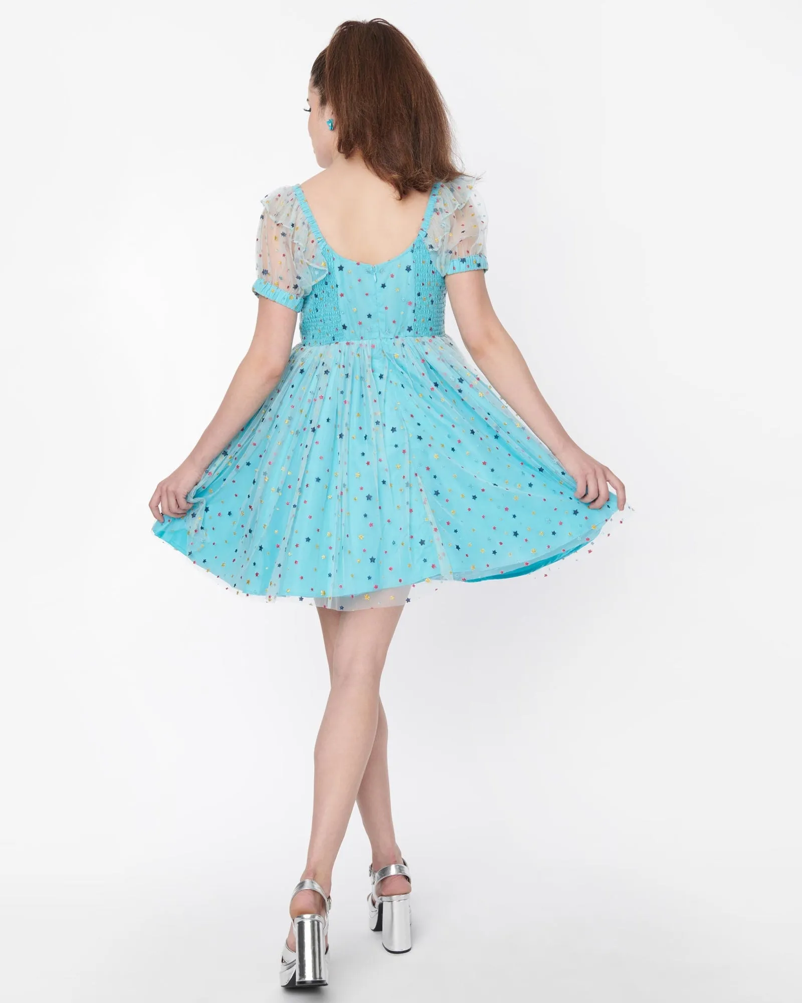Smak Parlour Blue & Multi Star Puff Sleeve Babydoll Dress | Blue, Rainbow, Polka Dots