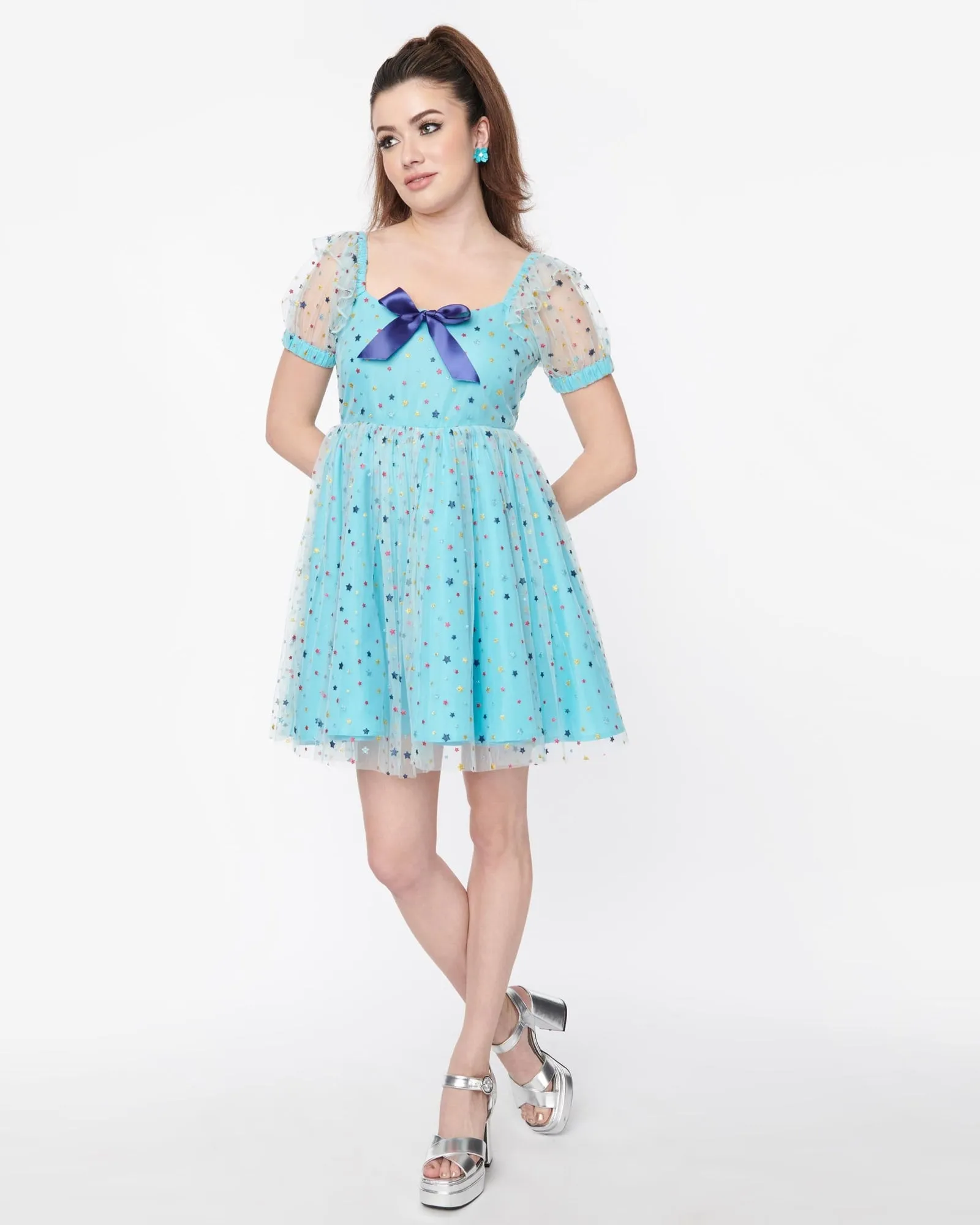Smak Parlour Blue & Multi Star Puff Sleeve Babydoll Dress | Blue, Rainbow, Polka Dots