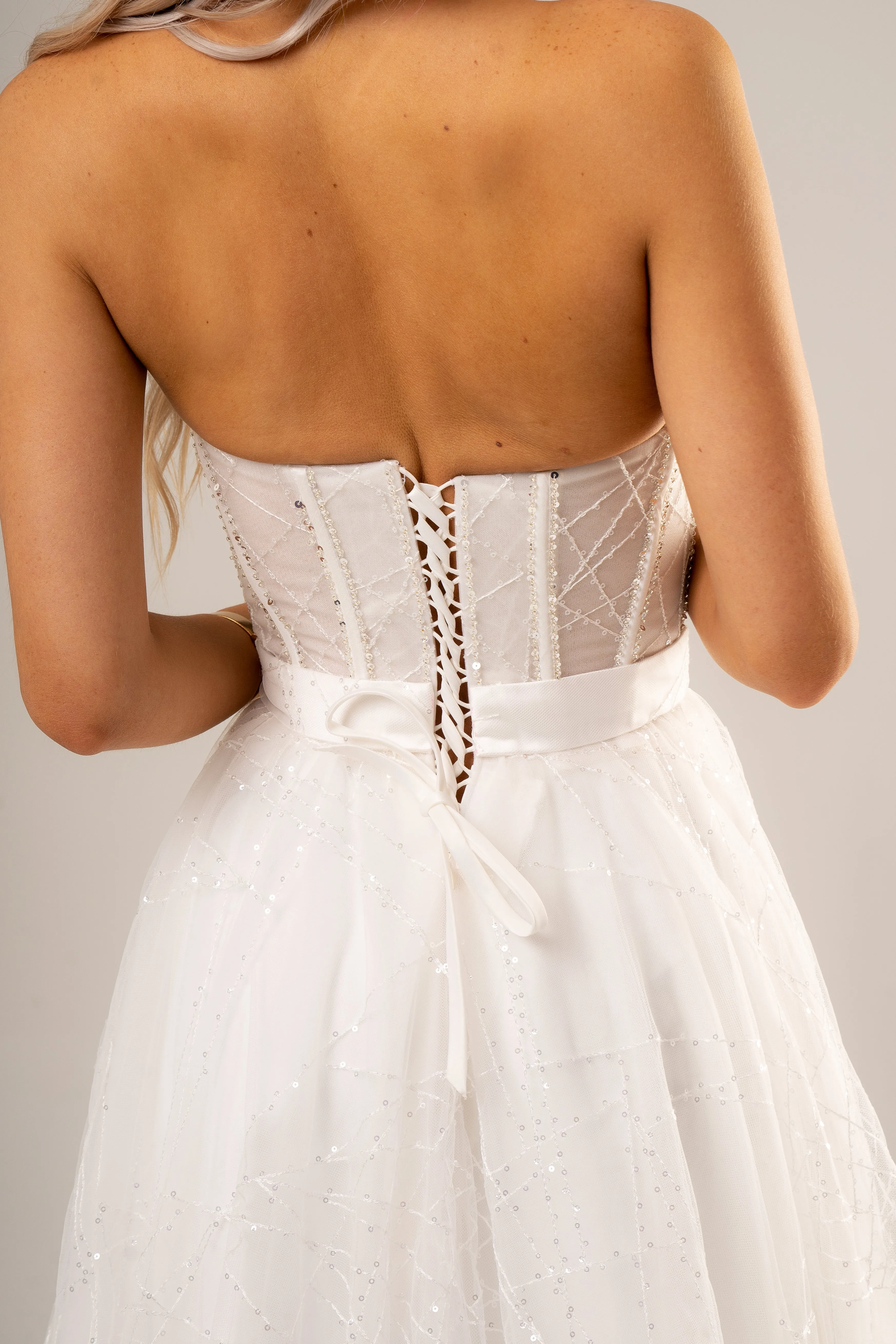 Strapless bustier white princess dress for hire
