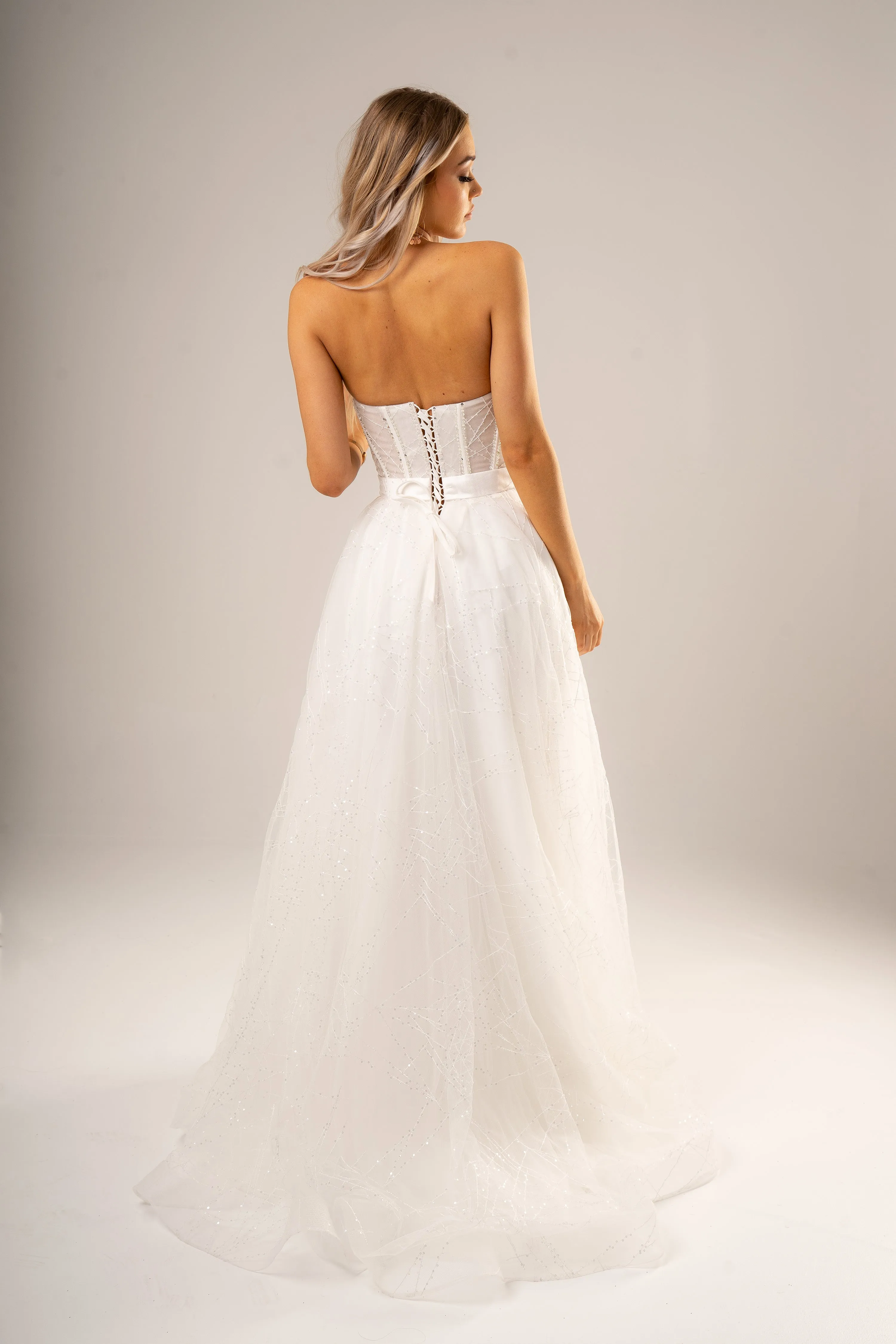 Strapless bustier white princess dress for hire