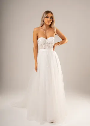 Strapless bustier white princess dress for hire