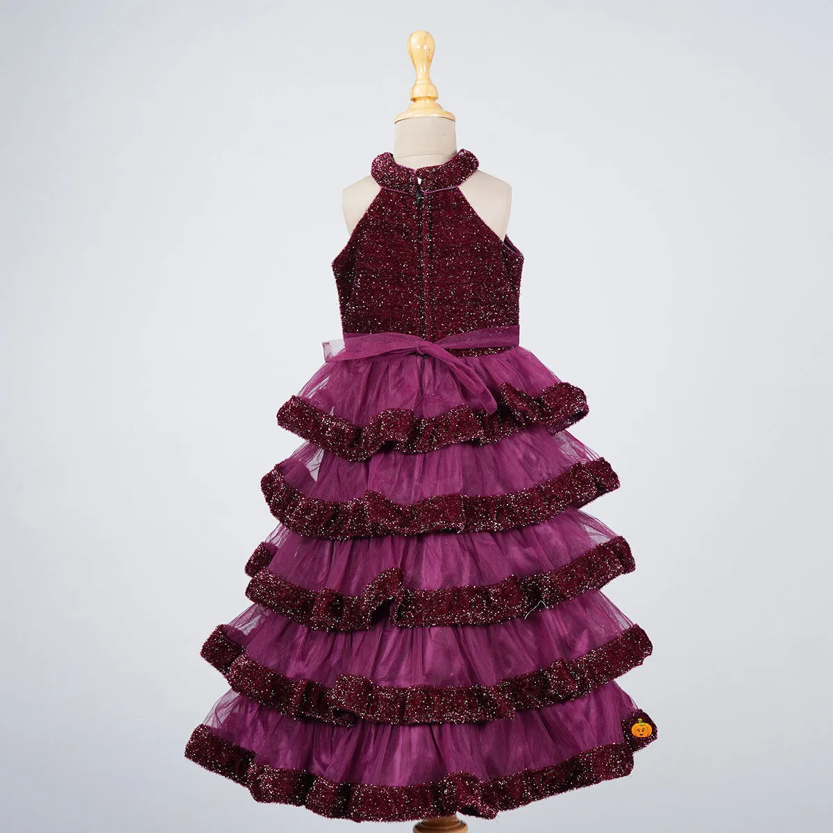 Wine & Navy Blue Layered Girls Gown