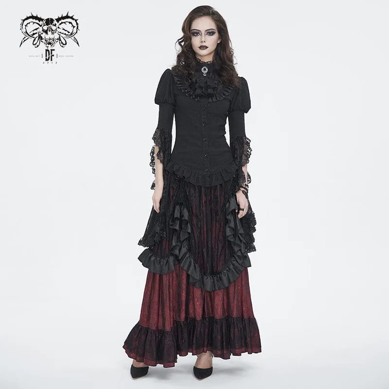 Women's Gothic Drawstring Ruffled Red Lace Skirt