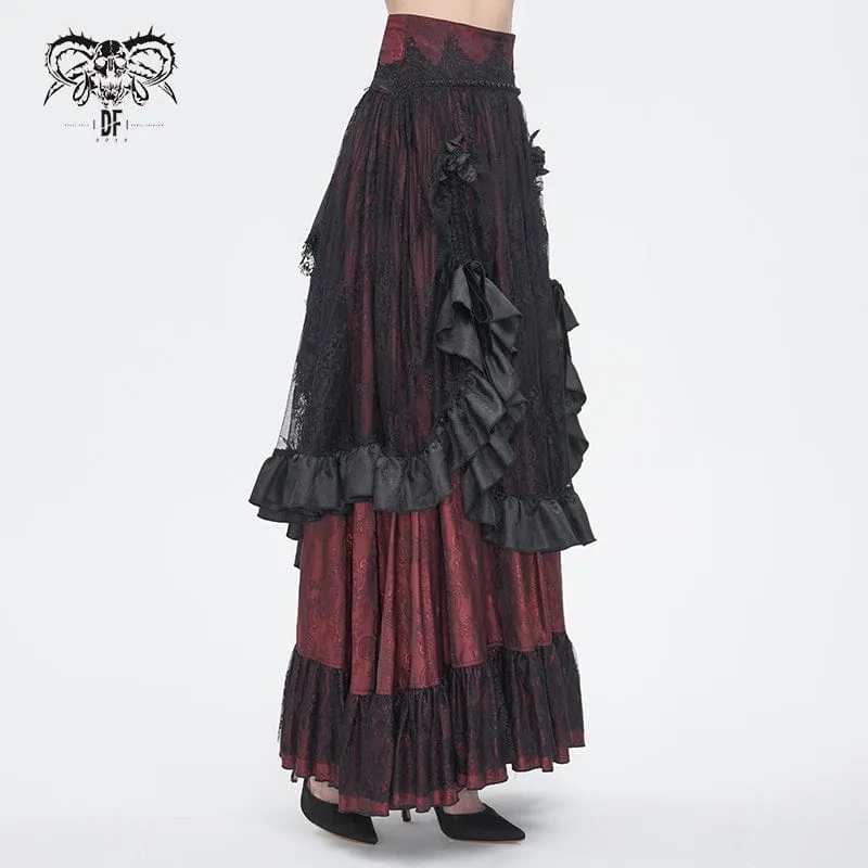 Women's Gothic Drawstring Ruffled Red Lace Skirt