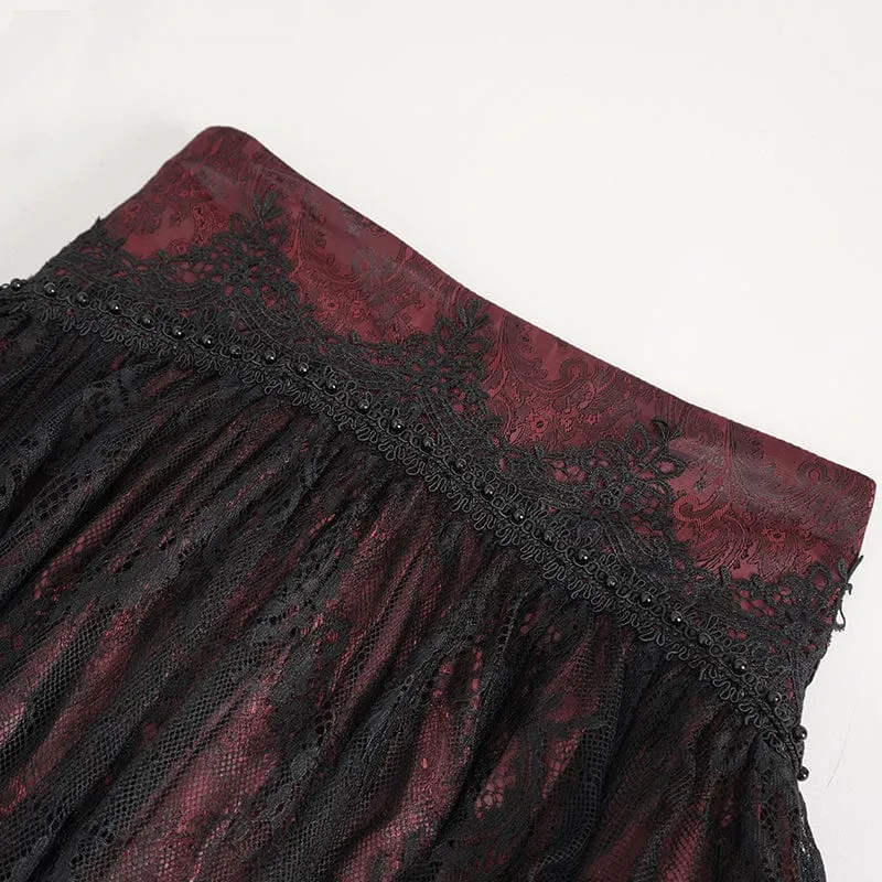 Women's Gothic Drawstring Ruffled Red Lace Skirt