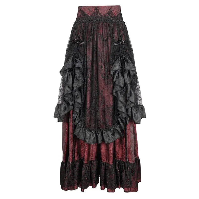 Women's Gothic Drawstring Ruffled Red Lace Skirt