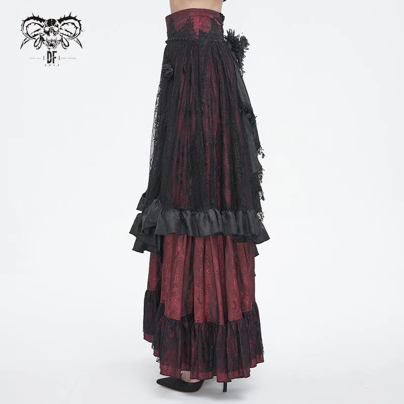Women's Gothic Drawstring Ruffled Red Lace Skirt