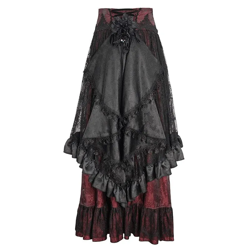 Women's Gothic Drawstring Ruffled Red Lace Skirt
