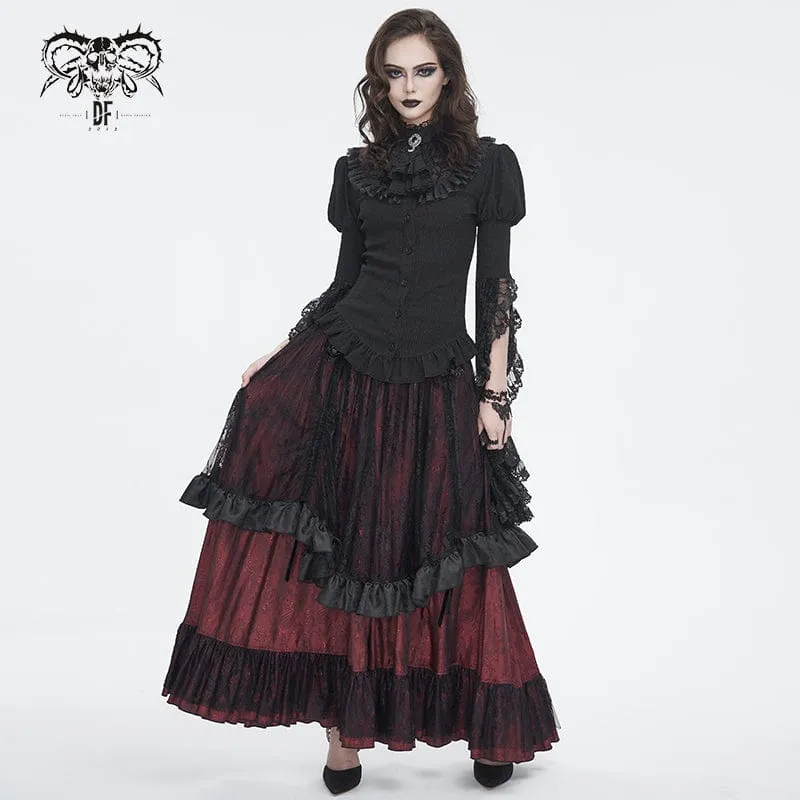 Women's Gothic Drawstring Ruffled Red Lace Skirt