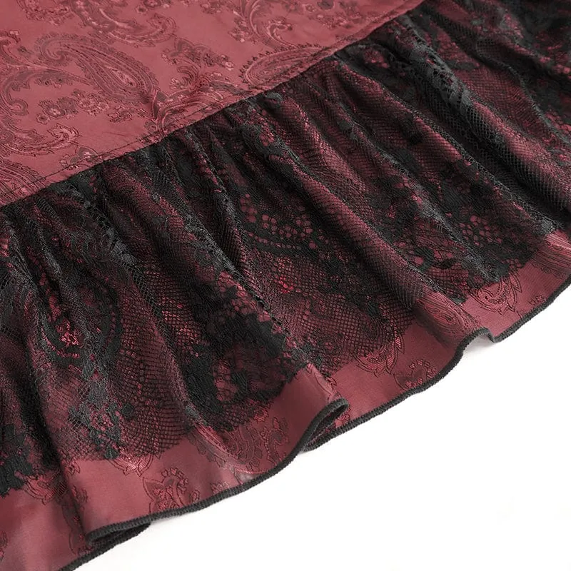 Women's Gothic Drawstring Ruffled Red Lace Skirt
