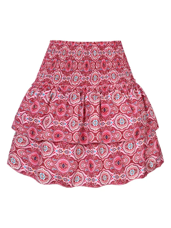 Women's Layered Mini Skirt in Floral Print with Smocked Waist