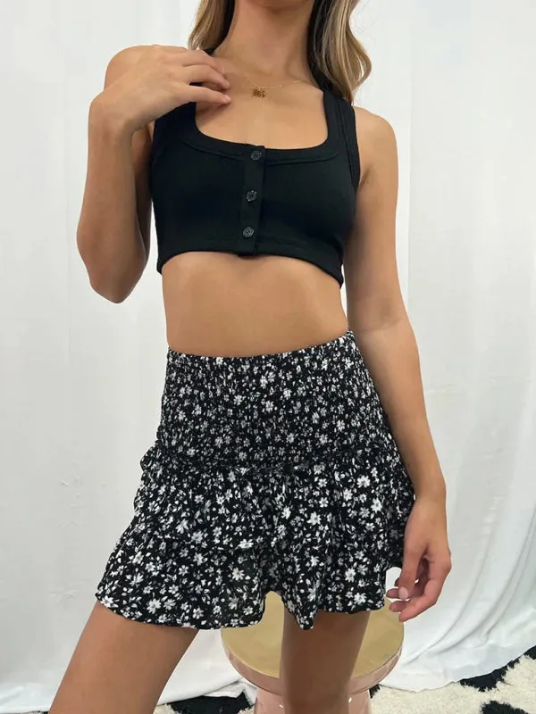 Women's Layered Mini Skirt in Floral Print with Smocked Waist