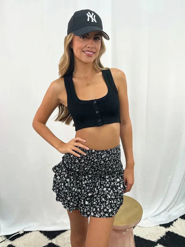 Women's Layered Mini Skirt in Floral Print with Smocked Waist