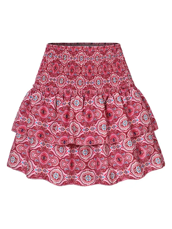 Women's Layered Mini Skirt in Floral Print with Smocked Waist