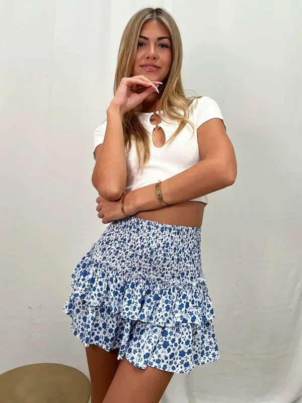 Women's Layered Mini Skirt in Floral Print with Smocked Waist