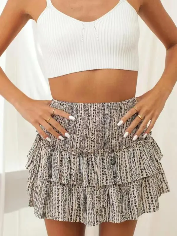 Women's Layered Mini Skirt in Floral Print with Smocked Waist